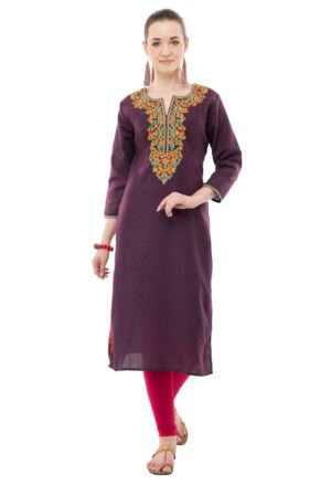 Dark Purple Poly Rayon multi color Embroidred Straight   ladies Kurta