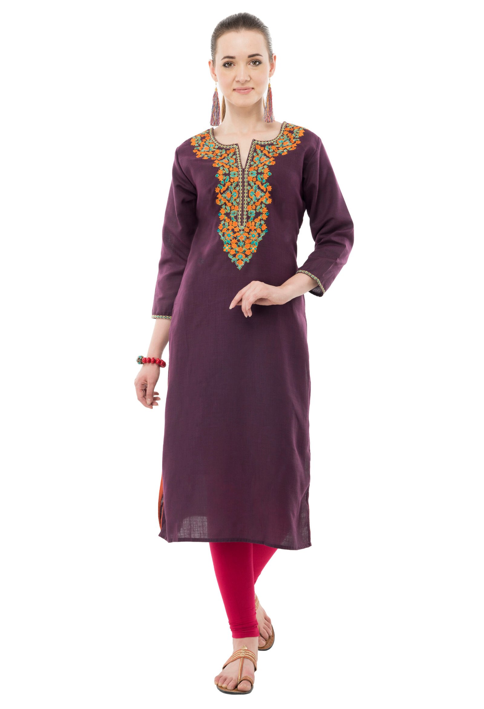 Dark Purple Poly Rayon multi color Embroidred Straight ladies Kurta