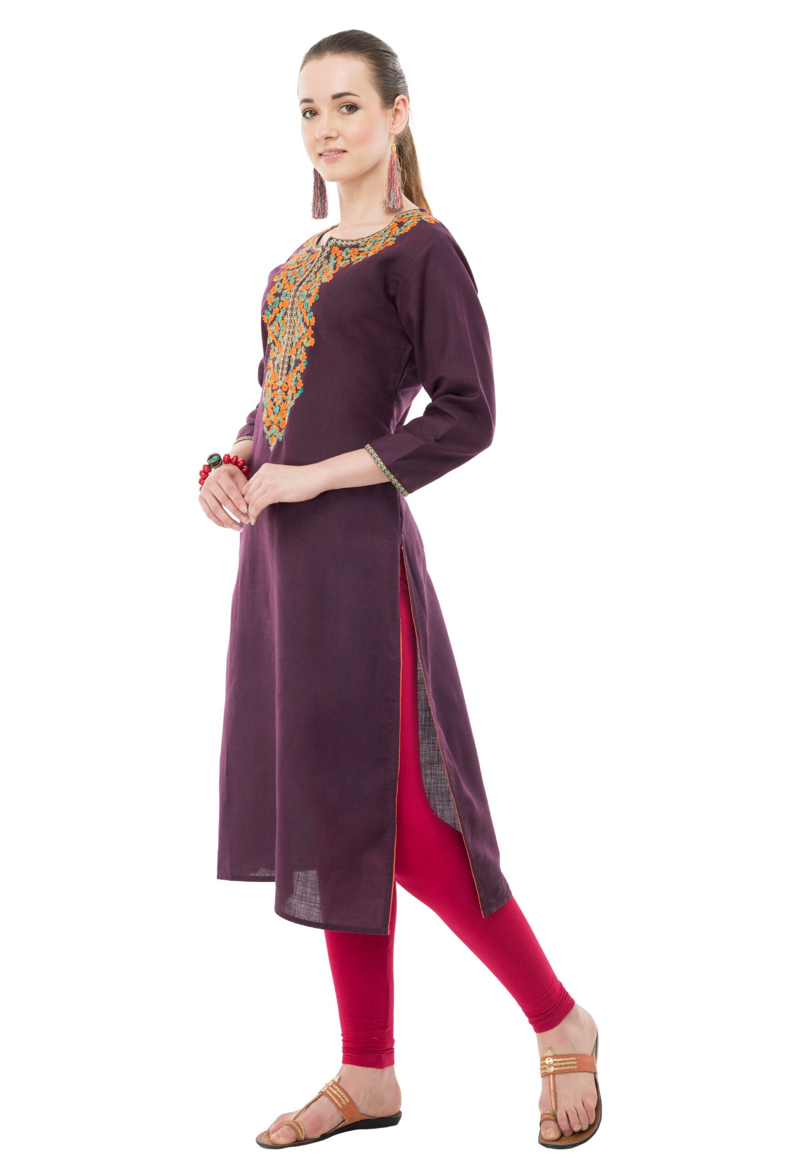 Dark Purple Poly Rayon multi color Embroidred Straight ladies Kurta - Image 4