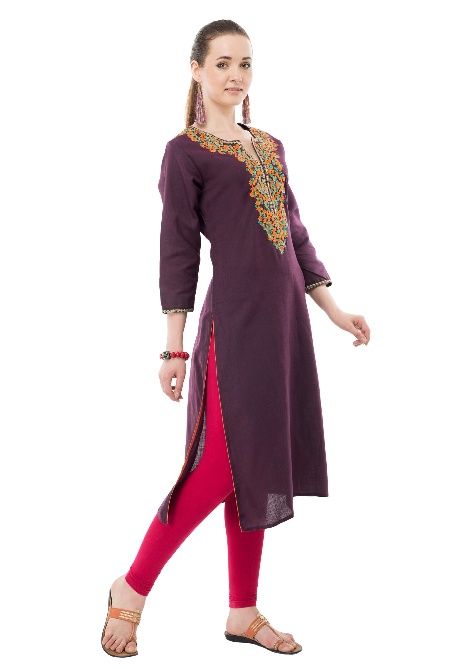 Dark Purple Poly Rayon multi color Embroidred Straight ladies Kurta - Image 3