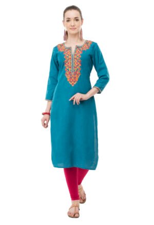 Turquoise Poly Rayon Embroidred Stylish  Straight Kurta, Kurti for Women
