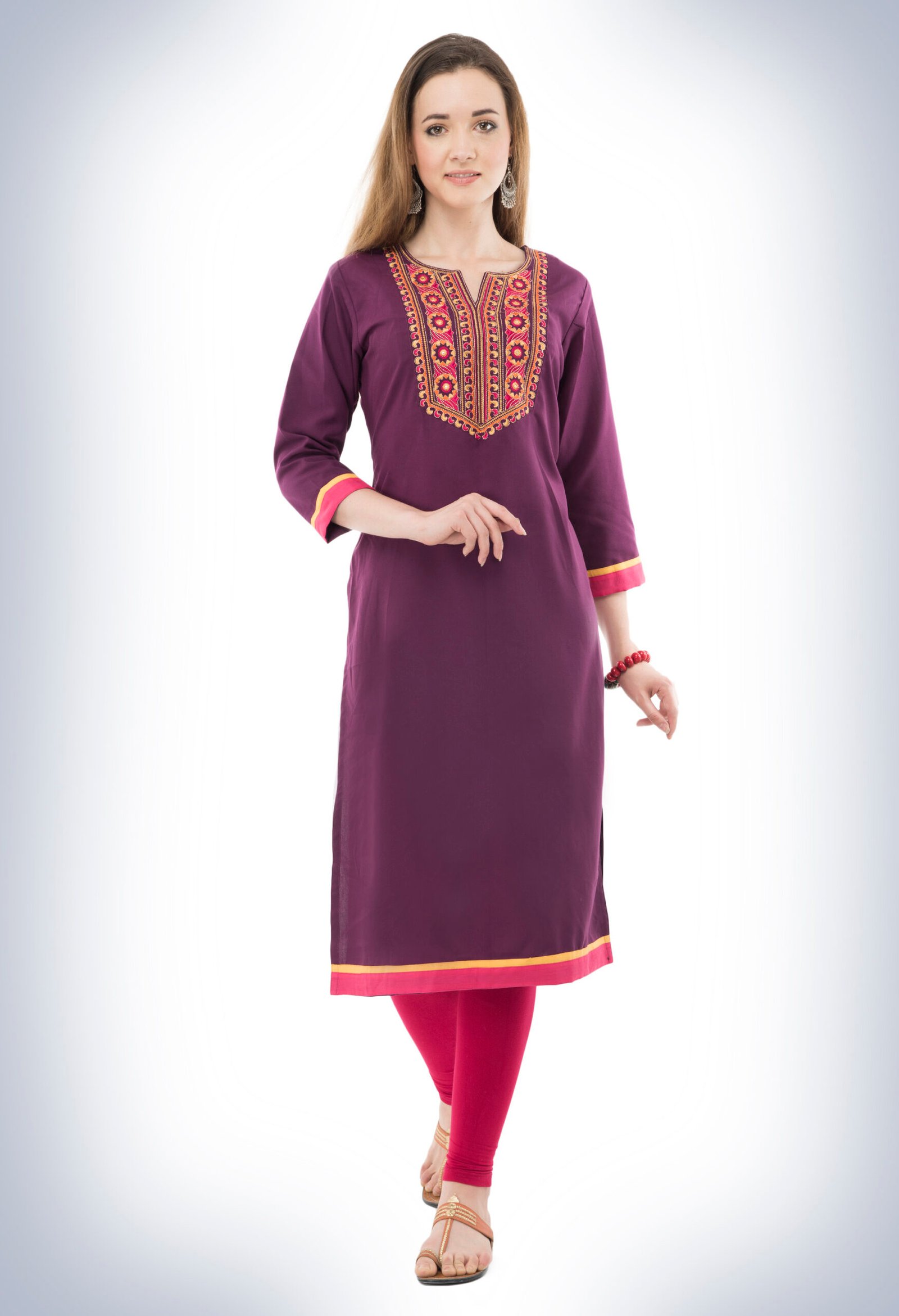 Dark Purple Poly Spun Embroidred Stylish Straight Kurta, Kurti for Women