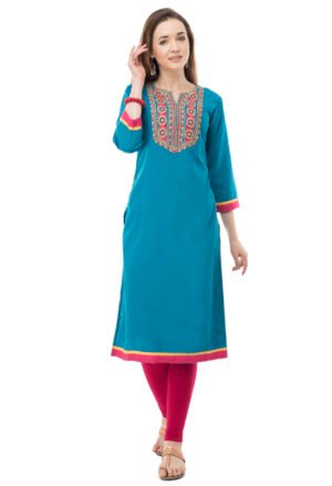 Turquoise Poly Spun Embroidred Stylish  Straight Ladies Kurta, Kurti