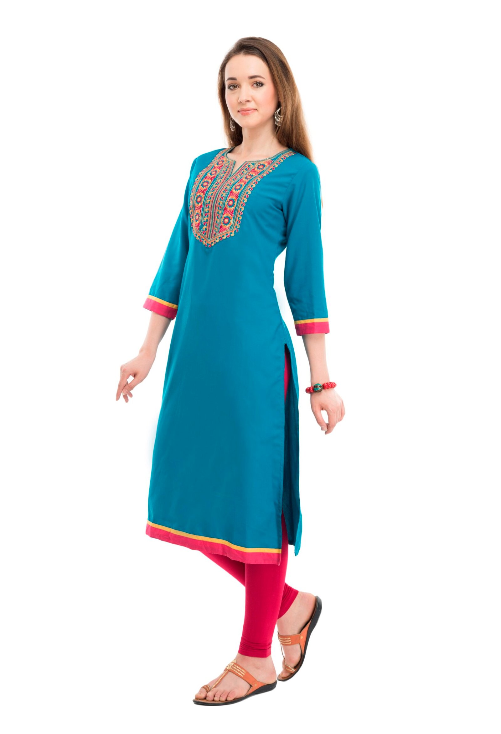Turquoise Poly Spun Embroidred Stylish Straight Ladies Kurta, Kurti - Image 3