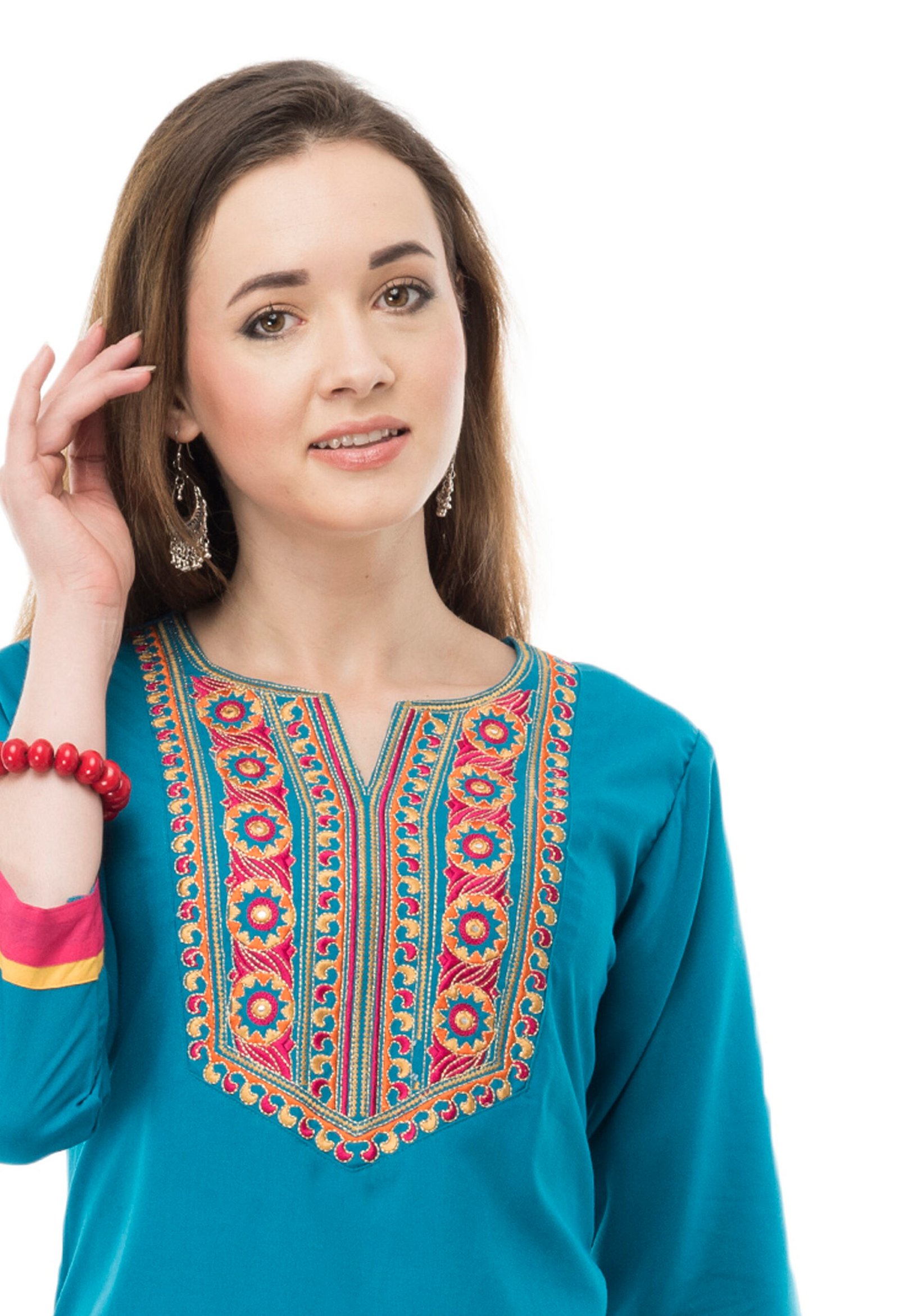 Turquoise Poly Spun Embroidred Stylish Straight Ladies Kurta, Kurti - Image 2