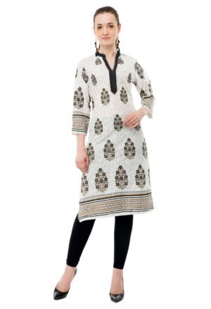 Off White 100% Cotton Printed Stylish  Straight Ladies Kurta