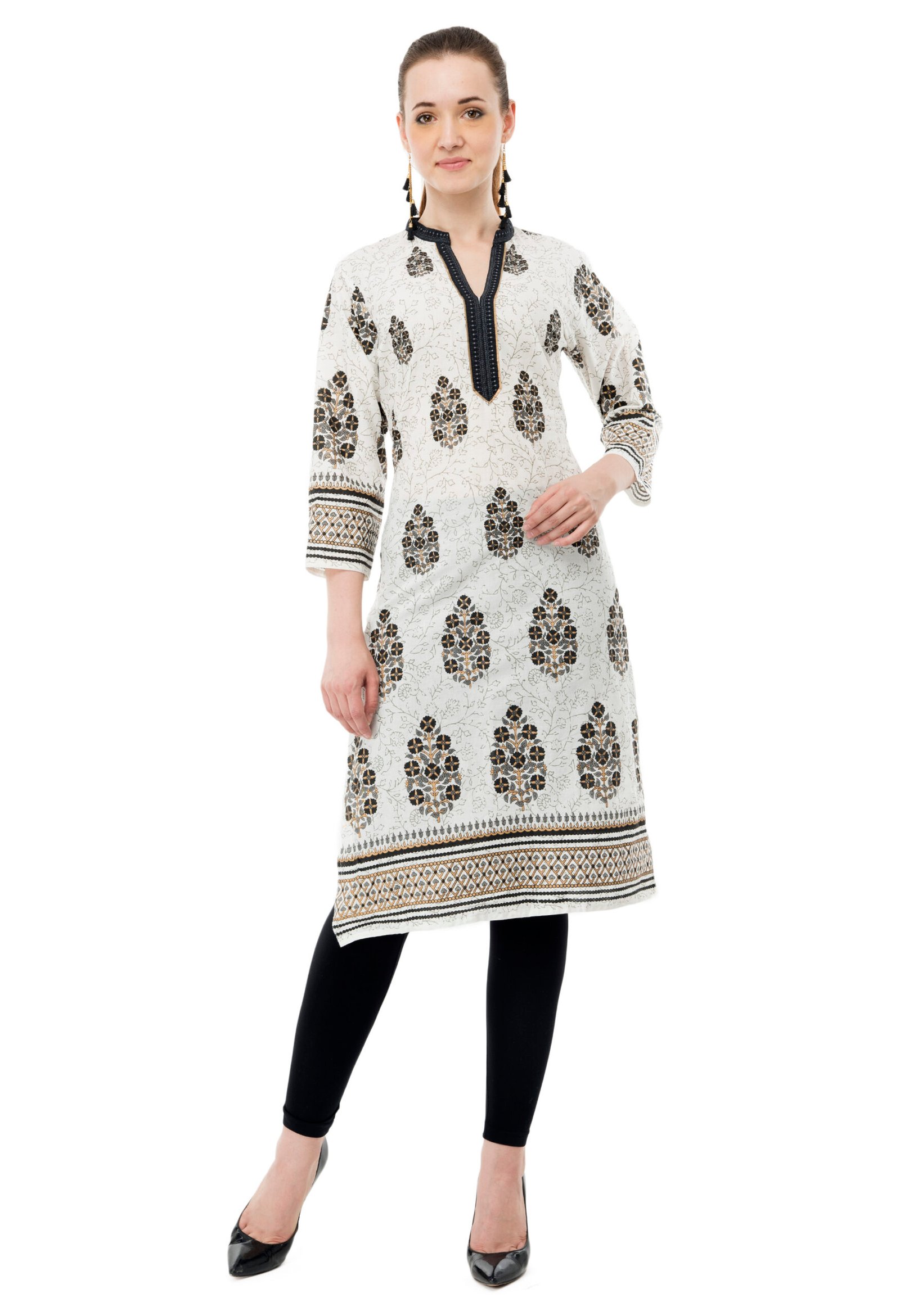 Off White 100% Cotton Printed Stylish Straight Ladies Kurta
