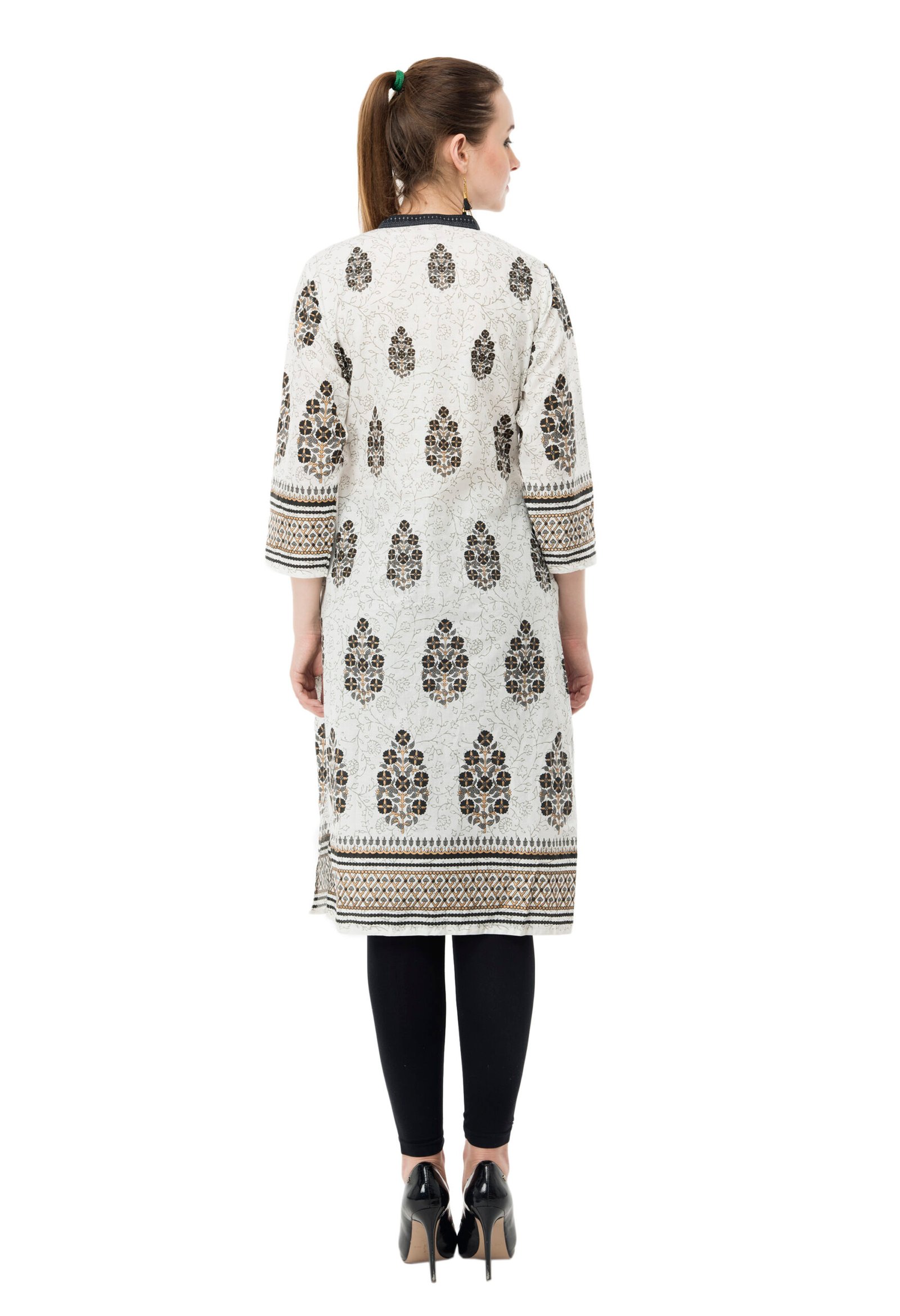 Off White 100% Cotton Printed Stylish Straight Ladies Kurta - Image 3