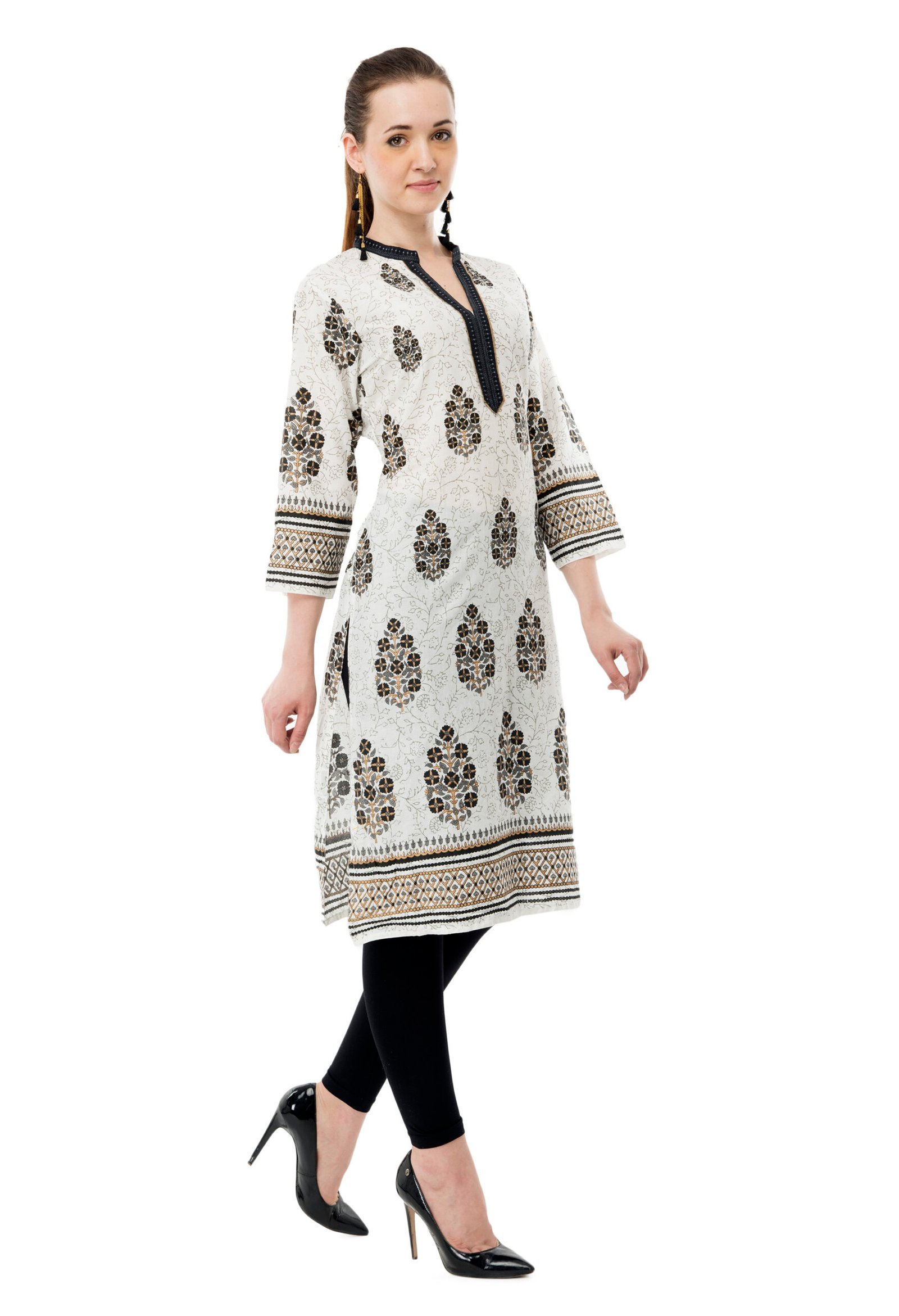 Off White 100% Cotton Printed Stylish Straight Ladies Kurta - Image 2