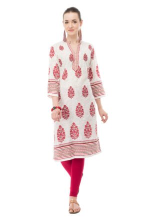 Off White 100% Cotton Fuschia Printed Stylish  Straight Kurta, Kurti for Women
