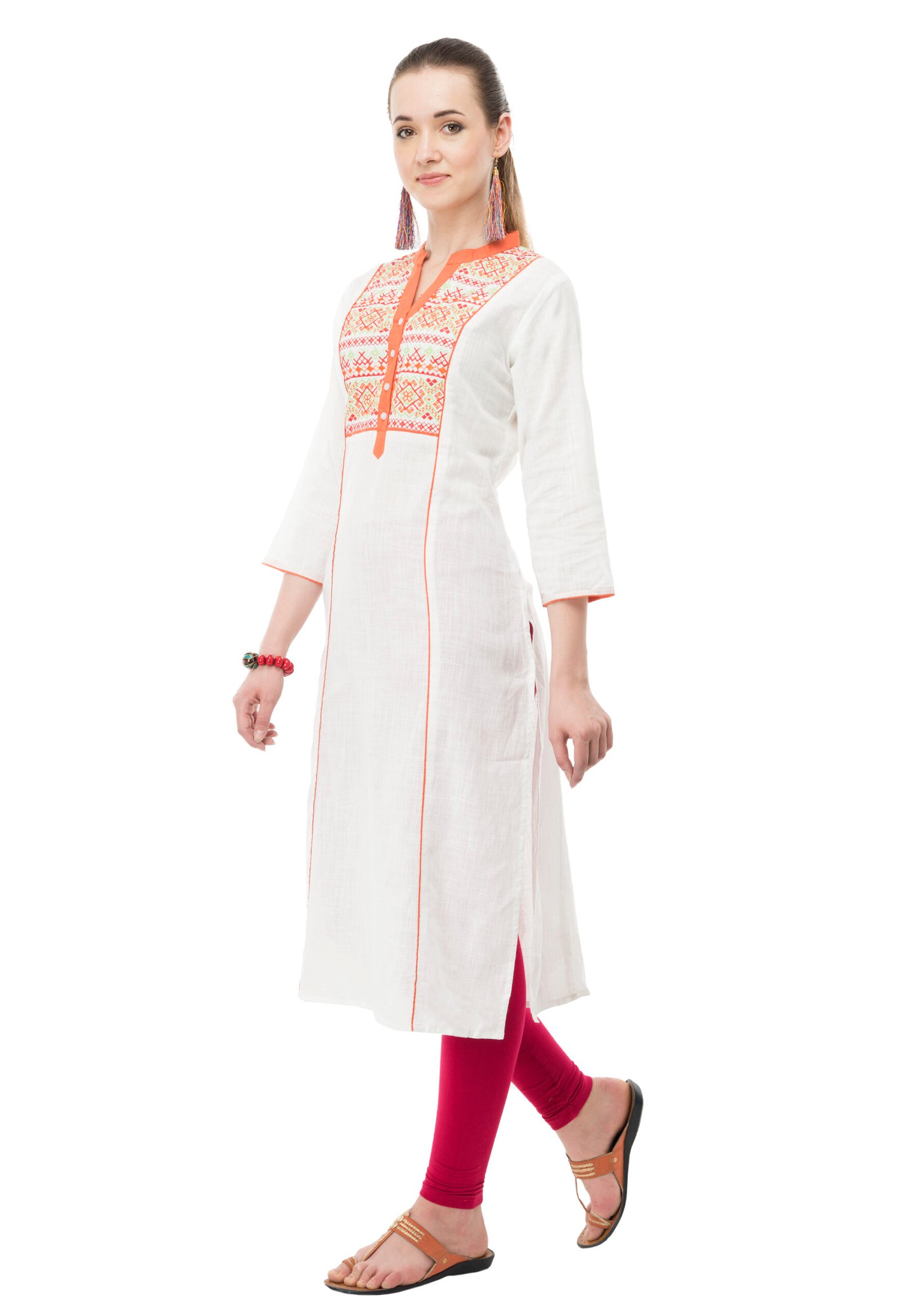 Cream Cotton Embroidred Stylish Straight Kurta, Kurti for Women - Image 3