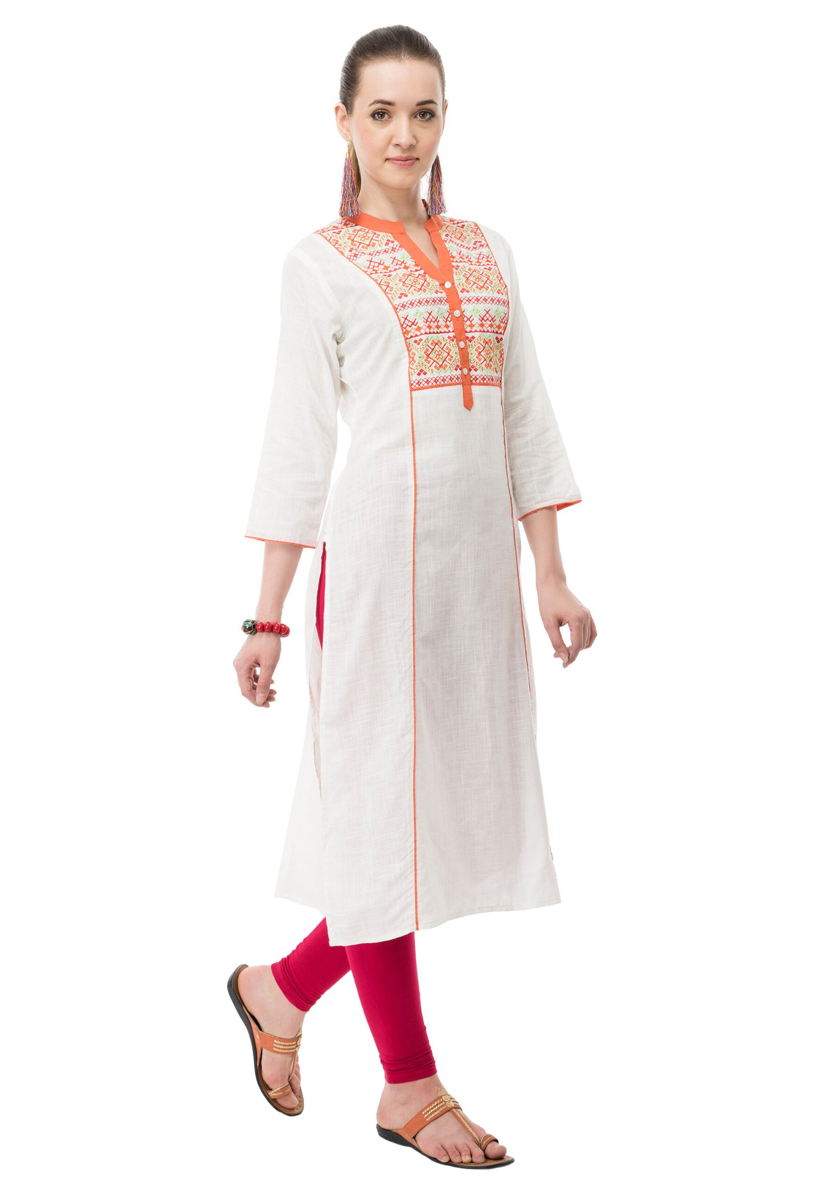 Cream Cotton Embroidred Stylish Straight Kurta, Kurti for Women - Image 4