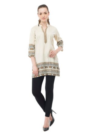 Cream PolySilk Printed Stylish  Straight Ladies Kurti