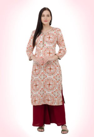 Off White Orenge Rayon Printed Stylish  Straight Ladies Kurta, Kurti