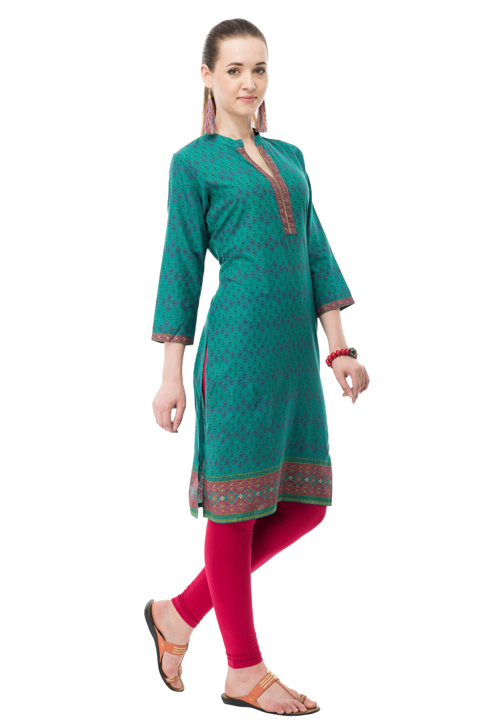 Green 100% Cotton Printed Stylish Straight Ladies Kurta, Kurti - Image 3