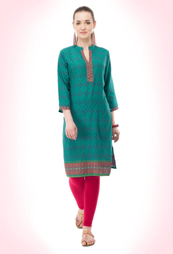 Green 100% Cotton Printed Stylish  Straight Ladies Kurta, Kurti