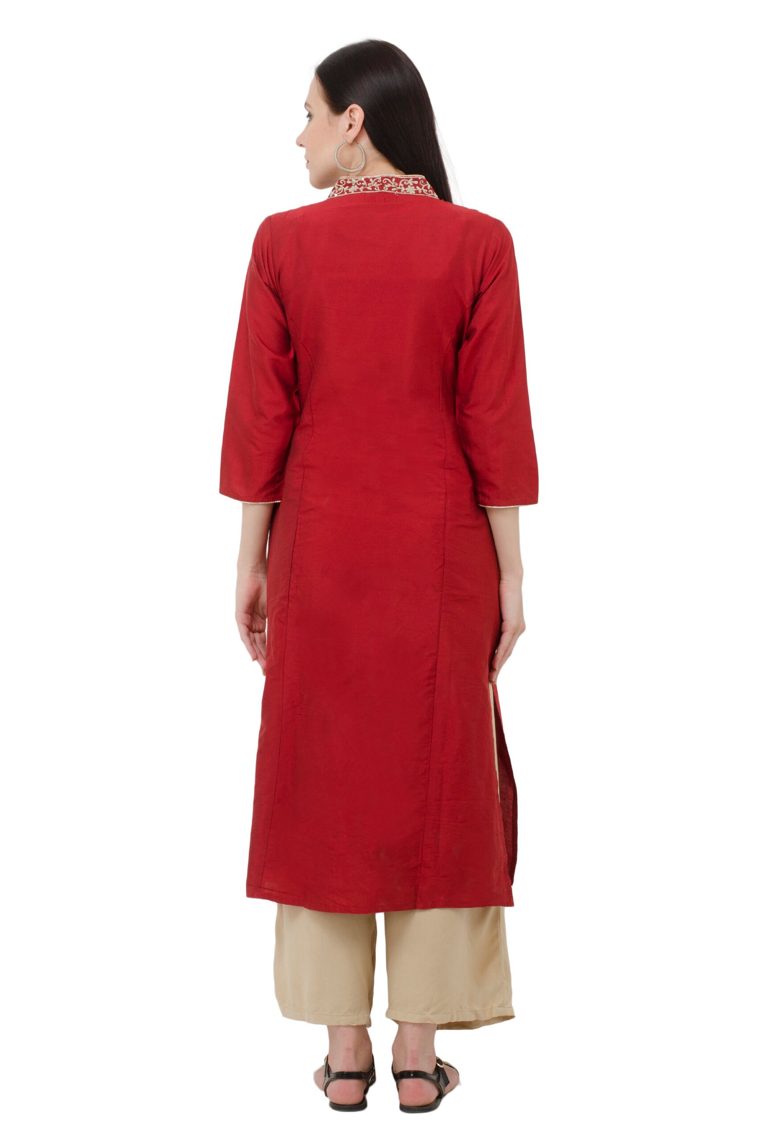 Maroon PolySilk Embroidred Designer A-Line Kurta, Kurti for Women - Image 5