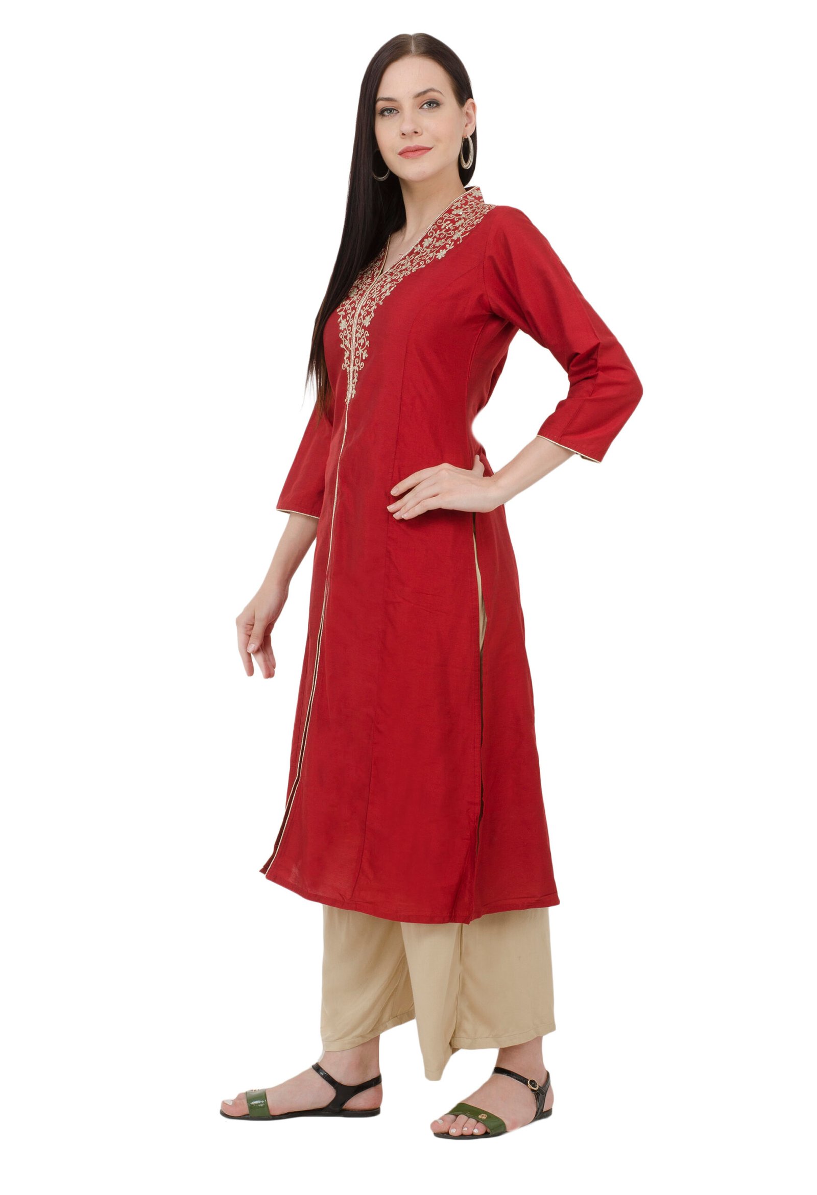 Maroon PolySilk Embroidred Designer A-Line Kurta, Kurti for Women - Image 4
