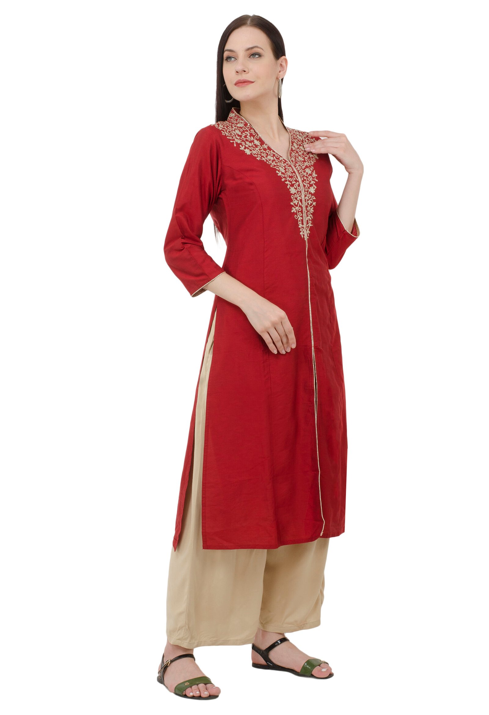 Maroon PolySilk Embroidred Designer A-Line Kurta, Kurti for Women - Image 3