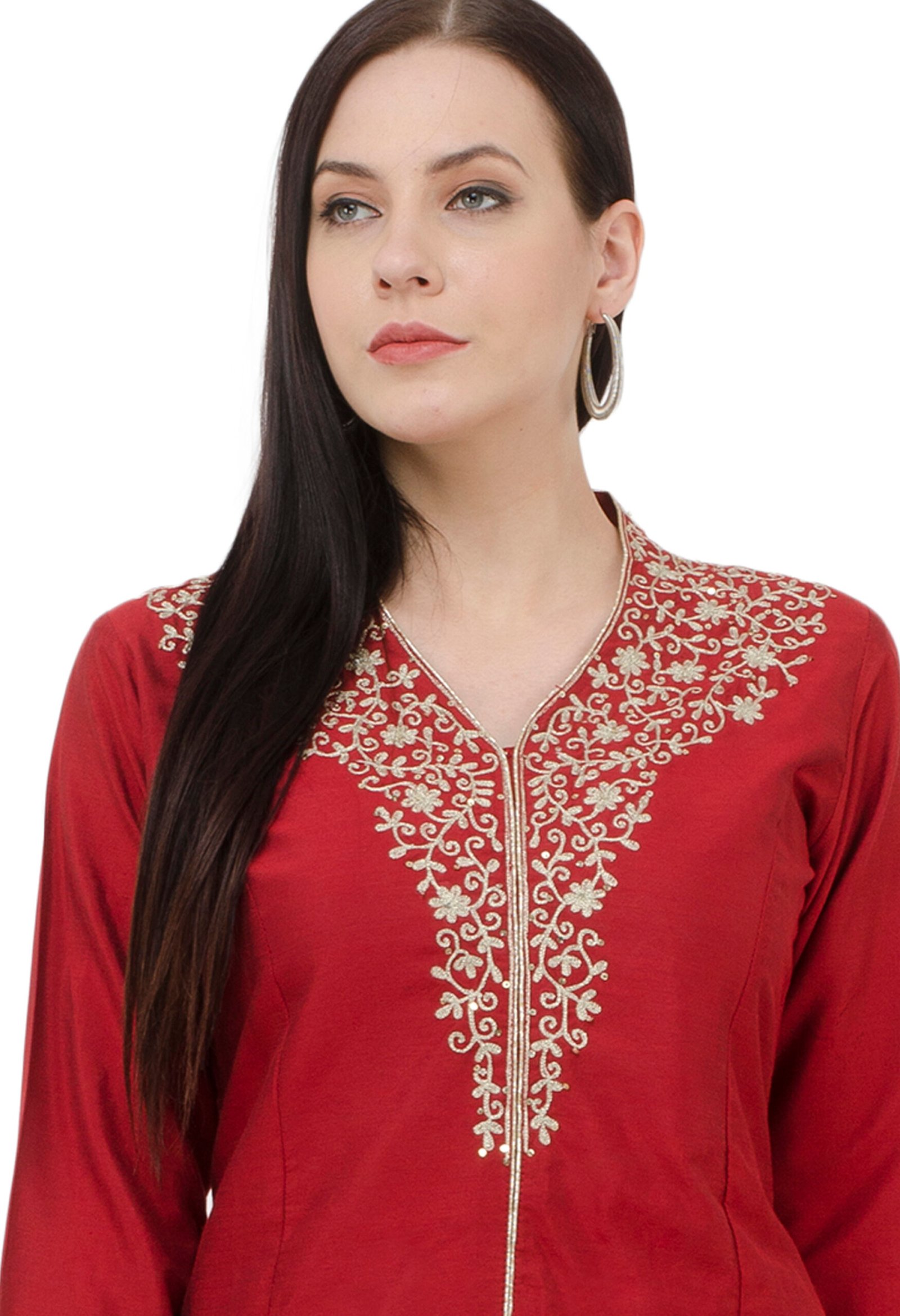 Maroon PolySilk Embroidred Designer A-Line Kurta, Kurti for Women - Image 2