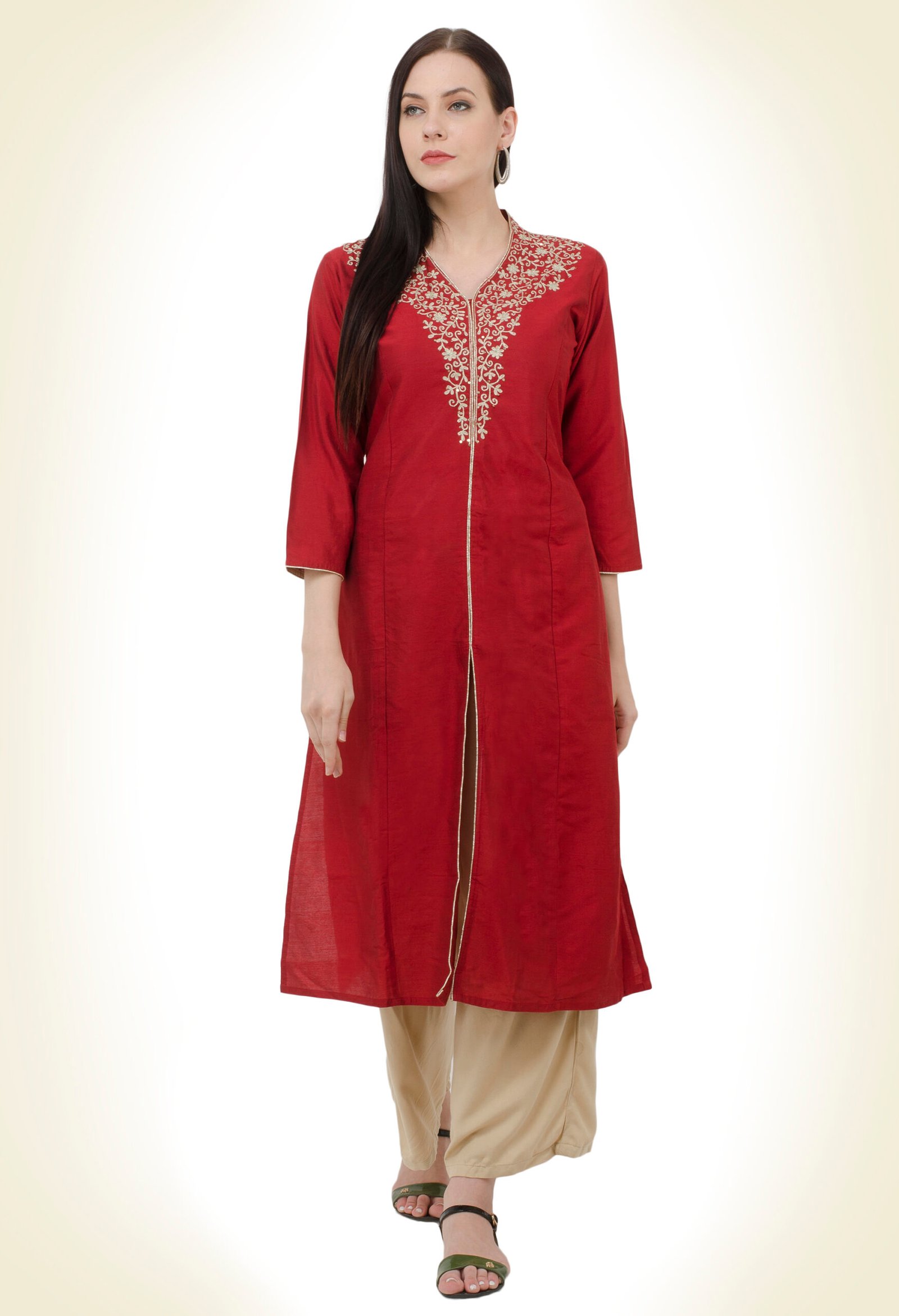 Maroon PolySilk Embroidred Designer A-Line Kurta, Kurti for Women