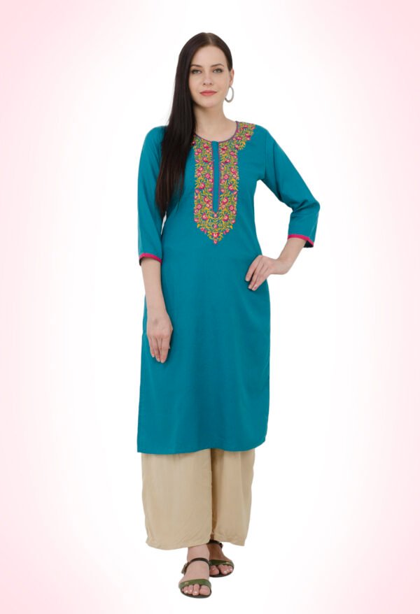 Teal Green Poly Viscose Embroidred Stylish  Straight Ladies Kurta, Kurti