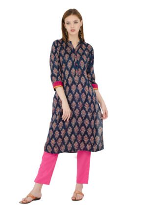 Navy Rayon Printed Stylish  Straight Ladies Kurta, Kurti