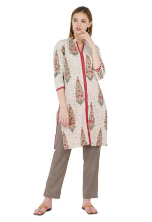 Cream Flax Printed Front Open Straight Ladies Kurta, Kurti