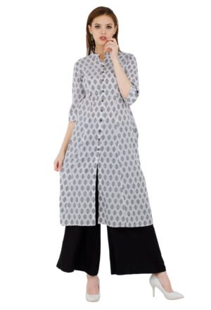 white Cotton Jaquard Front Open A-Line Kurta, Kurti for Women