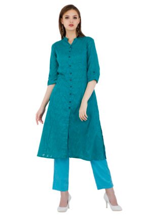 Teal Green Pure Cotton Jaquard Front Open A-Line Kurta, Kurti for Women