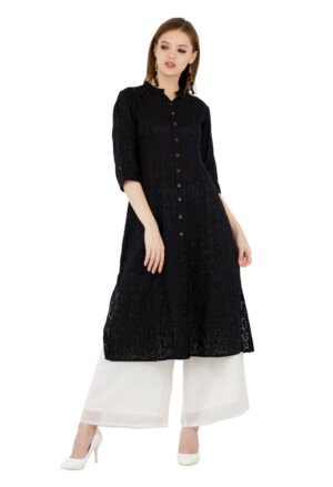 Black Pure Cotton Jaquard Front Open A-Line Ladies Kurta, Kurti