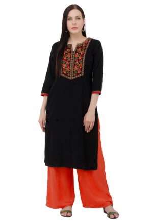 Black Corduray Embroidred Stylish  Straight Ladies Kurta, Kurti