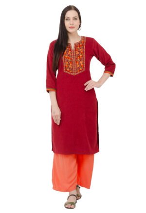 Maroon Corduray Embroidred Stylish  Straight Kurta, Kurti for Women