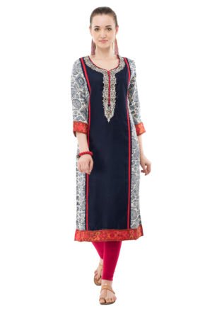 Navy Poly Cotton Embroidred Stylish  Straight Ladies Kurta, Kurti
