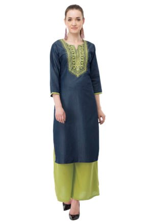 Blue Denim Embroidred Stylish  Straight Kurta, Kurti for Women