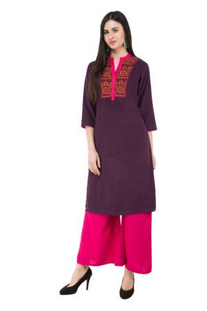 Dark Purple Corduray Embroidred Stylish  Straight Ladies Kurta, Kurti