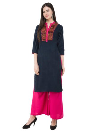 Navy Corduray Embroidred Stylish  Straight Kurta, Kurti for Women