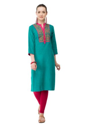 Teal Green Corduray Embroidred Stylish  Straight Kurta, Kurti for Women