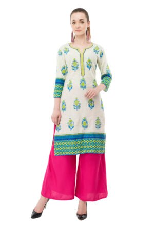 Off White Pure Cotton Printed Stylish  Straight Ladies Kurta, Kurti