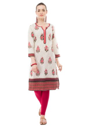 Off White 100% Cotton Printed Stylish  Straight Kurta, Kurti for Women
