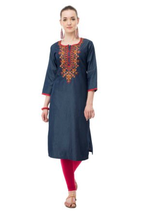 Blue Denim Embroidred Stylish  Straight Ladies Kurta, Kurti