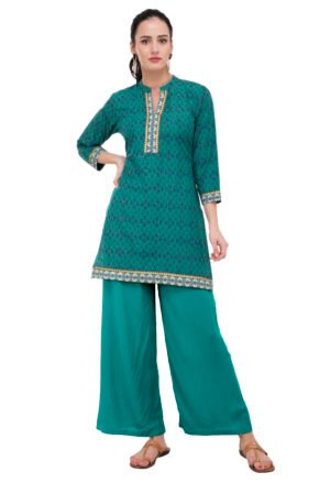 Teal Green Cotton Printed Stylish  Straight Ladies Kurta, Kurti