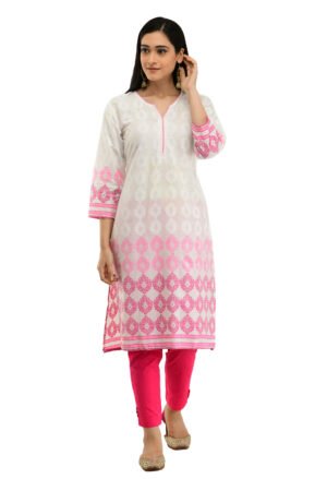 white 100% Cotton Printed Stylish  Straight Kurta, Kurti for Women