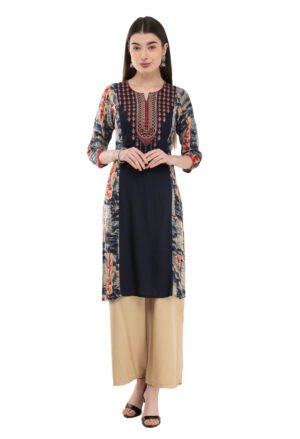 Blue Rayon Embroidred Stylish  Straight Ladies Kurta, Kurti