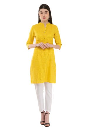 Yellow Cotton Printed Stylish  Straight Ladies Kurta, Kurti