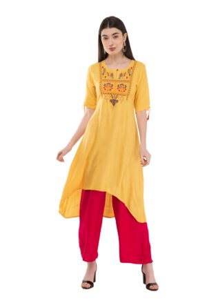 Yellow 100% Cotton Printed Stylish  Straight Ladies Kurta, Kurti