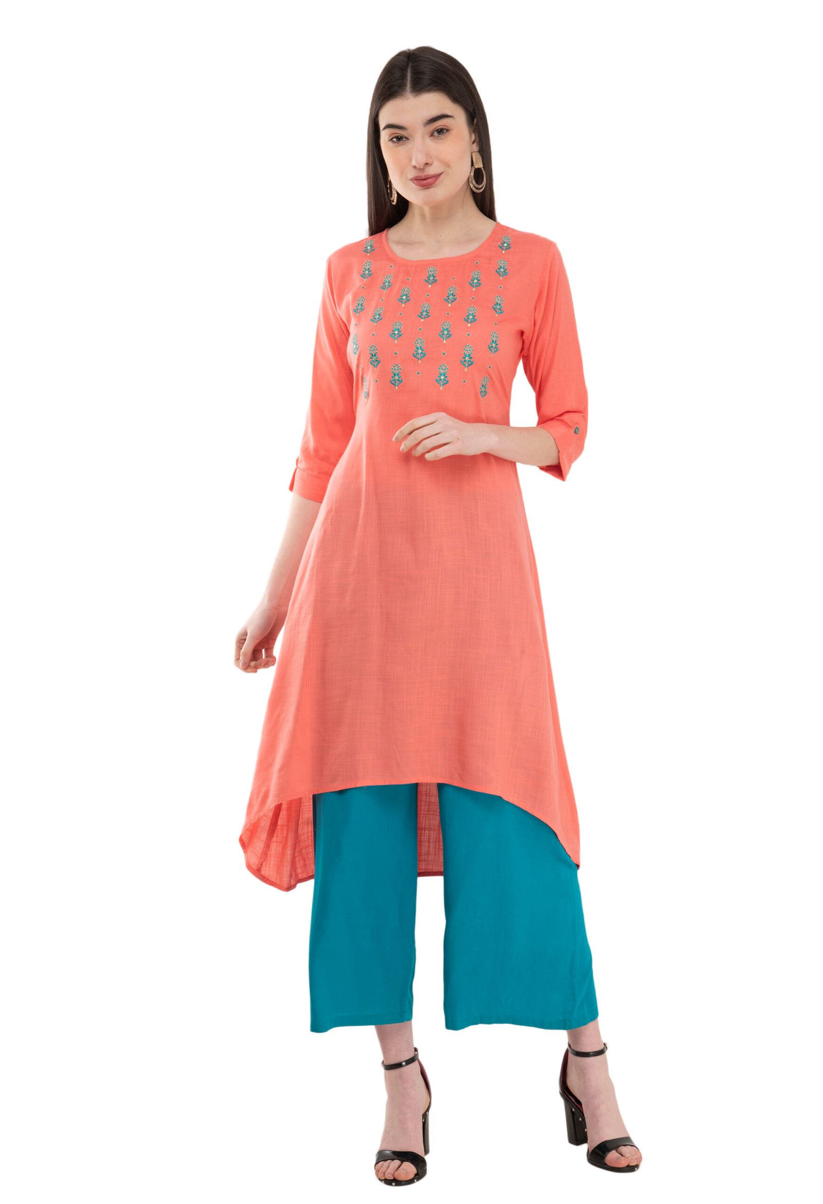 Coral Cotton Embroidred Stylish Straight Kurta, Kurti for Women