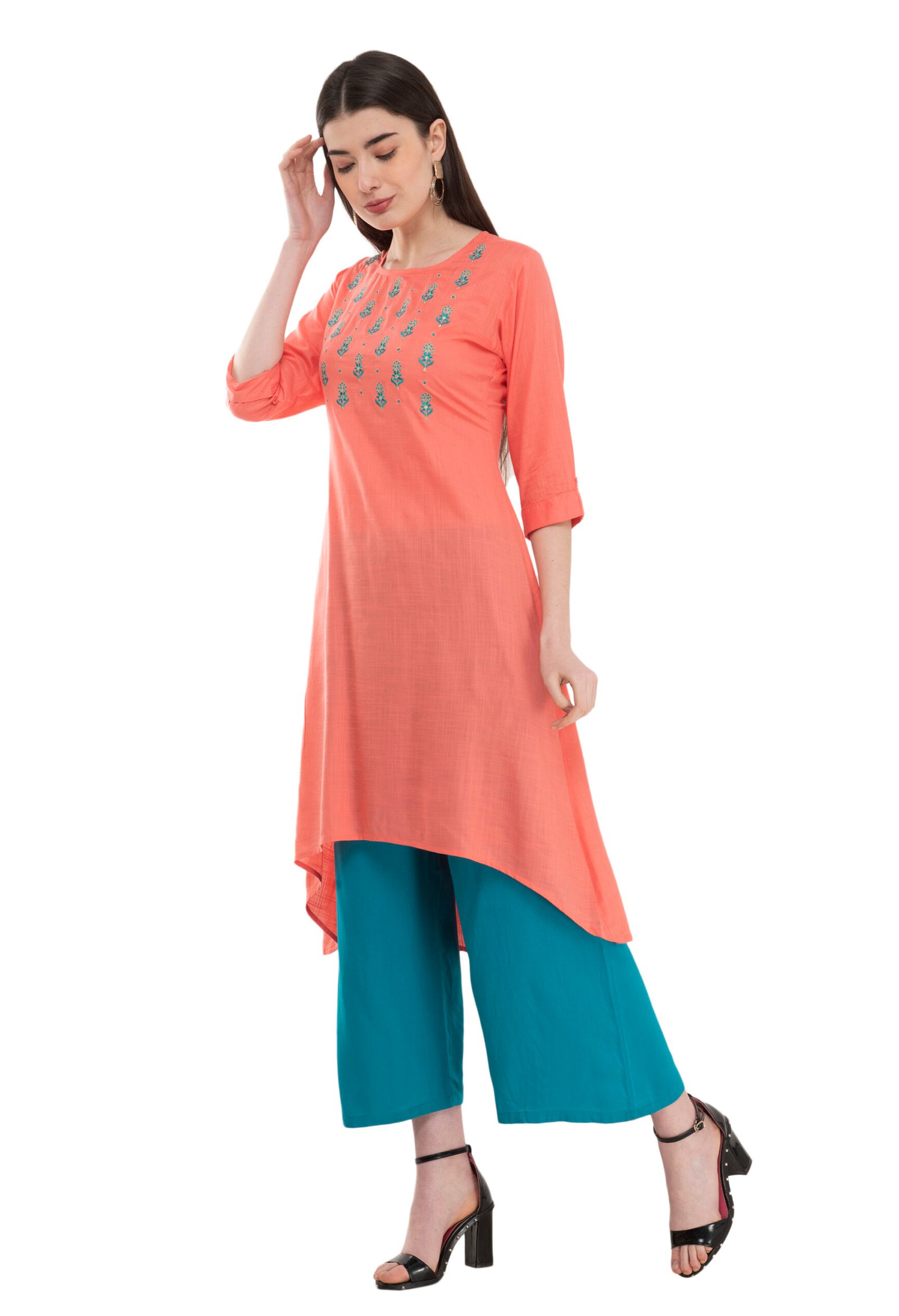 Coral Cotton Embroidred Stylish Straight Kurta, Kurti for Women - Image 4