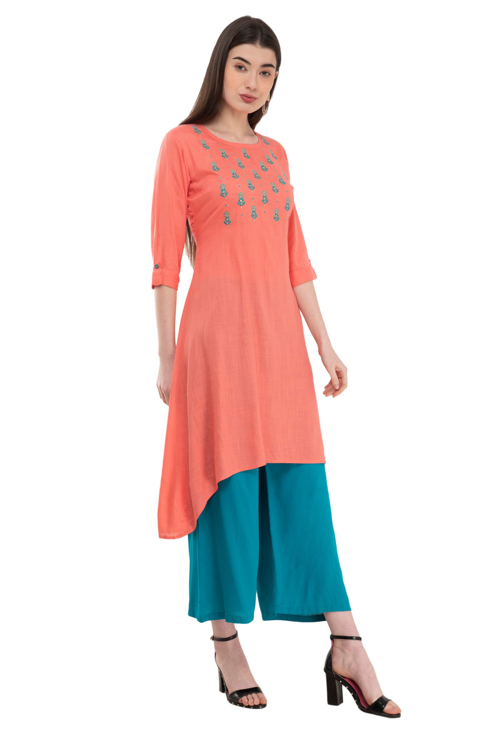 Coral Cotton Embroidred Stylish Straight Kurta, Kurti for Women - Image 3