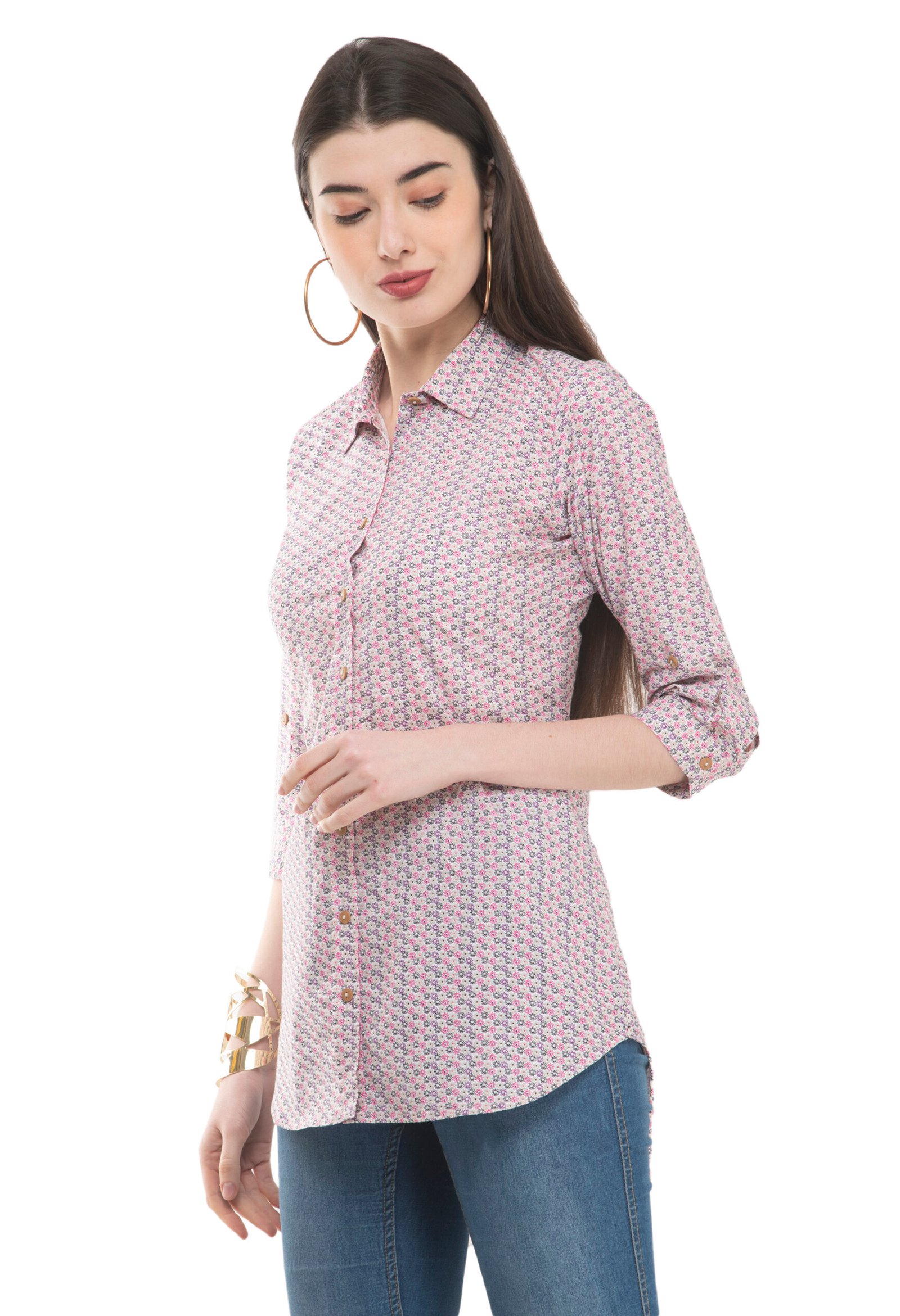 Off White Pure Cotton Printed Stylish Ladies Shirt - Image 4